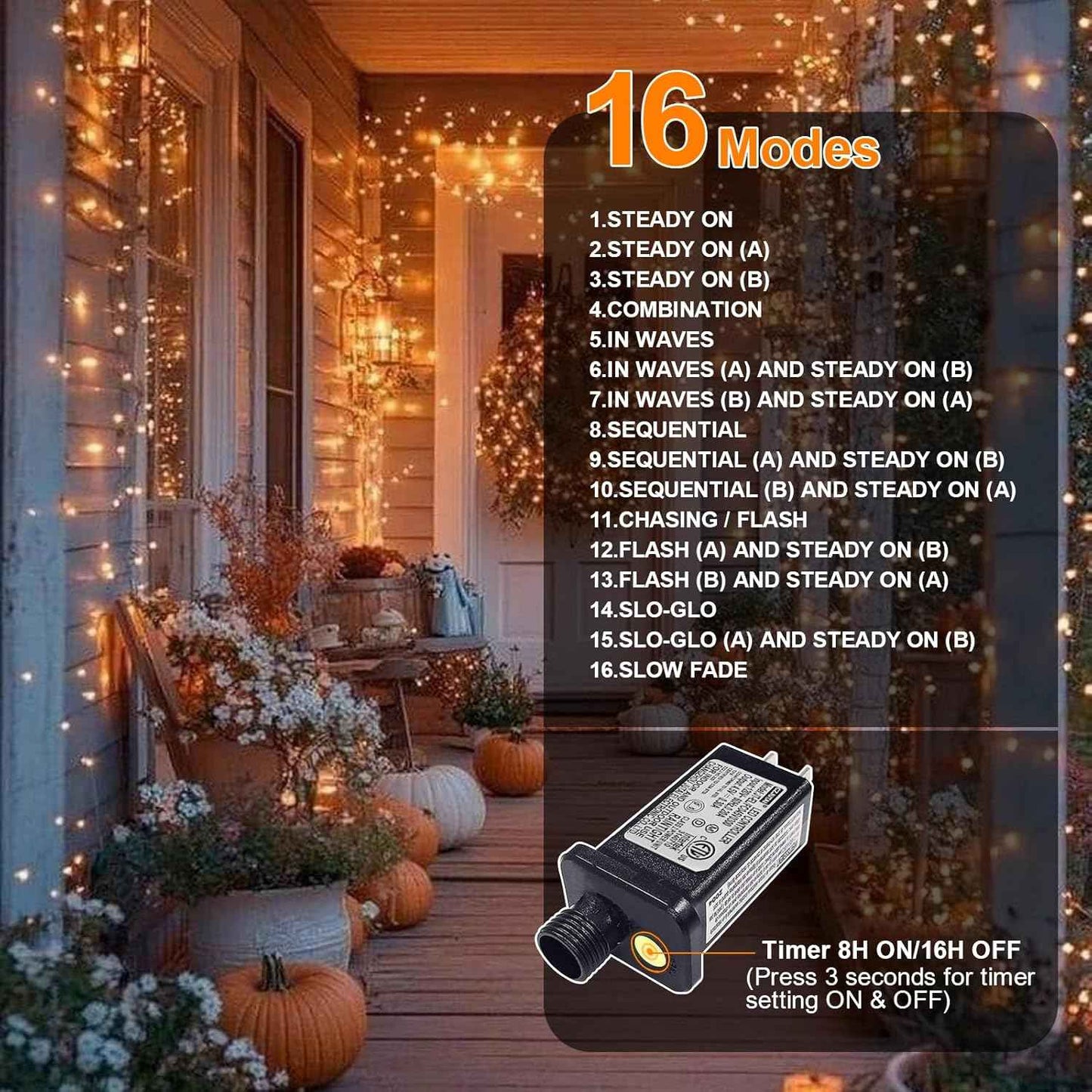 Orange Halloween String Lights Outdoor, Thanksgiving Mini Lights, 32.5FT 100 LED Waterproof Christmas Lights with 16 Lighting Modes for Garden Party Christmas Xmas Tree Lights Autumn Fall Decor