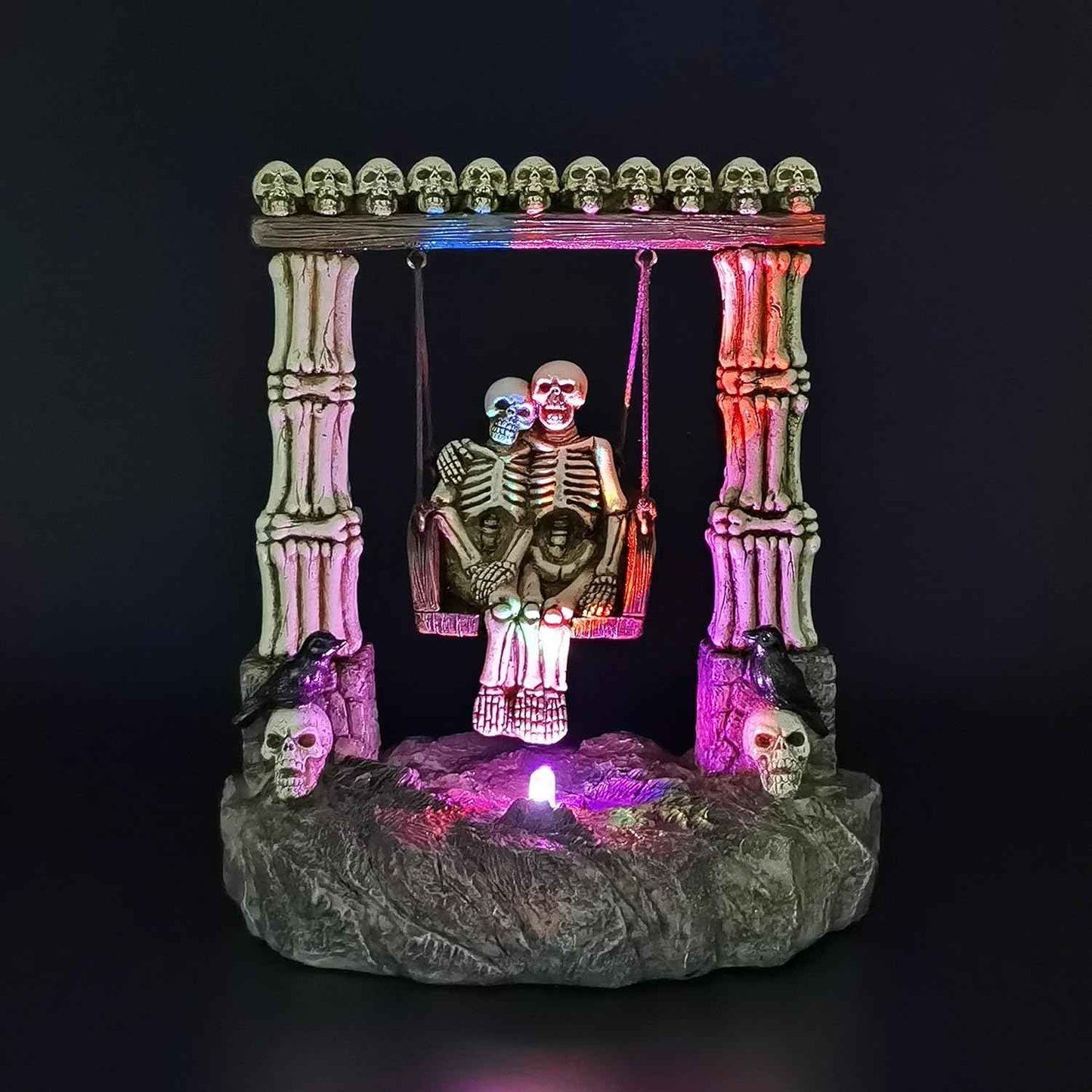 JORAE Swinging Skeleton Statue Couple on Light Up Color Changing LED Roman Pillars Skull Halloween Figurine Day of The Dead Collectible Home Decor, 6.7" H