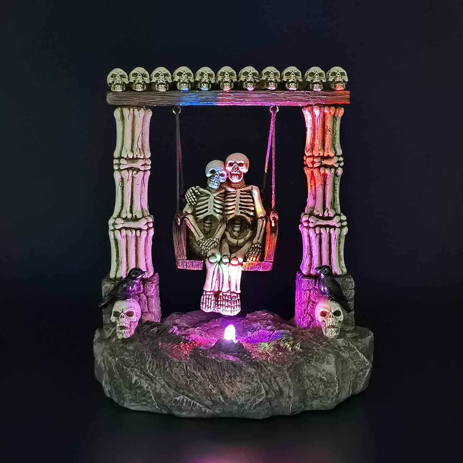 JORAE Swinging Skeleton Statue Couple on Light Up Color Changing LED Roman Pillars Skull Halloween Figurine Day of The Dead Collectible Home Decor, 6.7" H