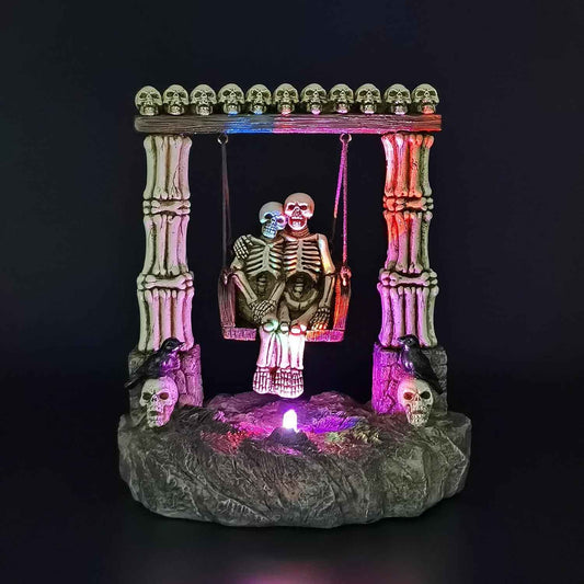 JORAE Swinging Skeleton Statue Couple on Light Up Color Changing LED Roman Pillars Skull Halloween Figurine Day of The Dead Collectible Home Decor, 6.7" H