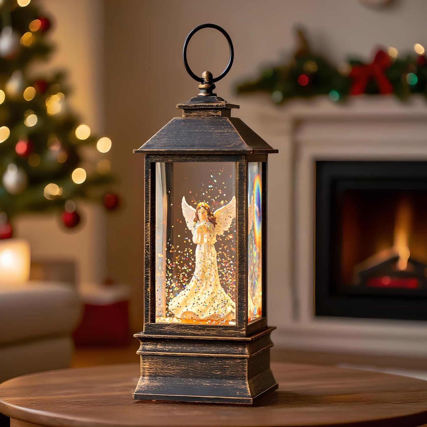 10'' Musical Snow Globe Lantern Lighted Angel with Dove Water Lantern Swirling Glittering Home Decoration and Gift, Battery Operated or USB Powered