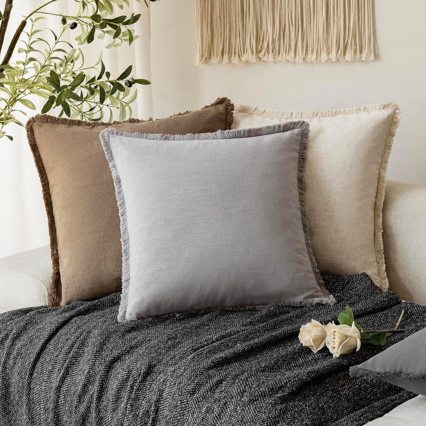 Foindtower Set of 2 Decorative Linen Fringe Throw Pillow Covers Cozy Farmhouse Cushion Cover with Tassels Accent Pillowcase for Couch Chair Sofa Bed Living Room Home Decor,22×22 Inch,Light Rustic Gray