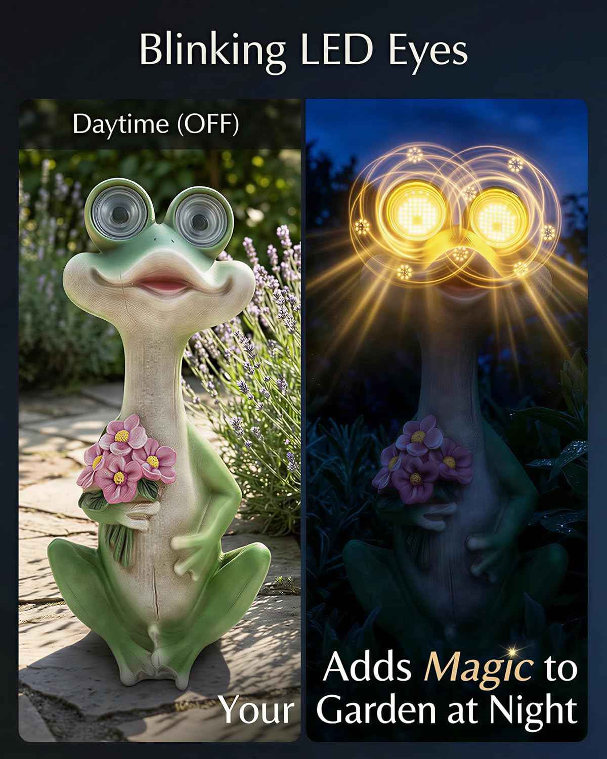 iStatue Solar Frog Garden Statue with Blinking Light-Up Eyes, Resin Outdoor Garden Decor Frog Holding Flowers, Waterproof Animal Figurine for Patio Lawn Yard Porch Balcony (Green)