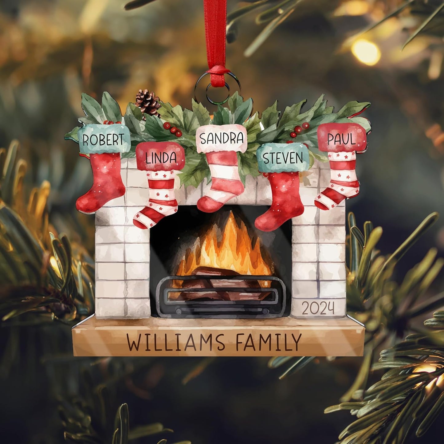 Christmas 2026 Family Ornaments Personalized - Up to 7 Names - Custom Fireplace Mantle Ornament w/Names, Family Christmas Tree Ornament, Personalized 2025 Xmas Ornaments