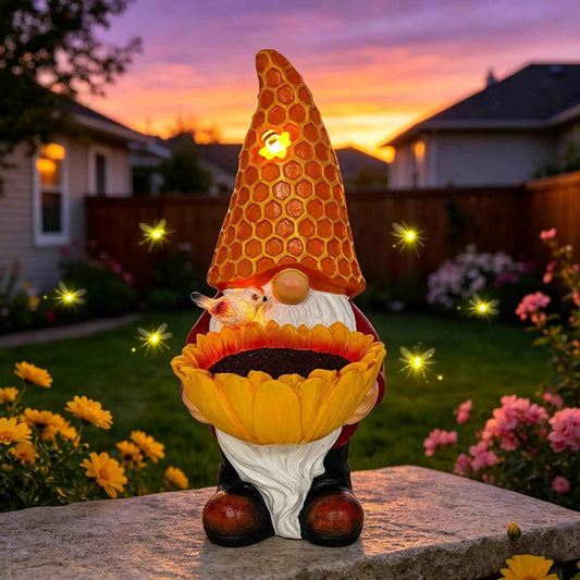 Solar Gnome Garden Statue with Honeycomb Hat & Sunflower Bird Feeder - Outdoor Decor with LED Lights for Patio, Lawn, Yard, Porch, Backyard,Best Garden Gifts for Mothers Day, Housewarming, Festival