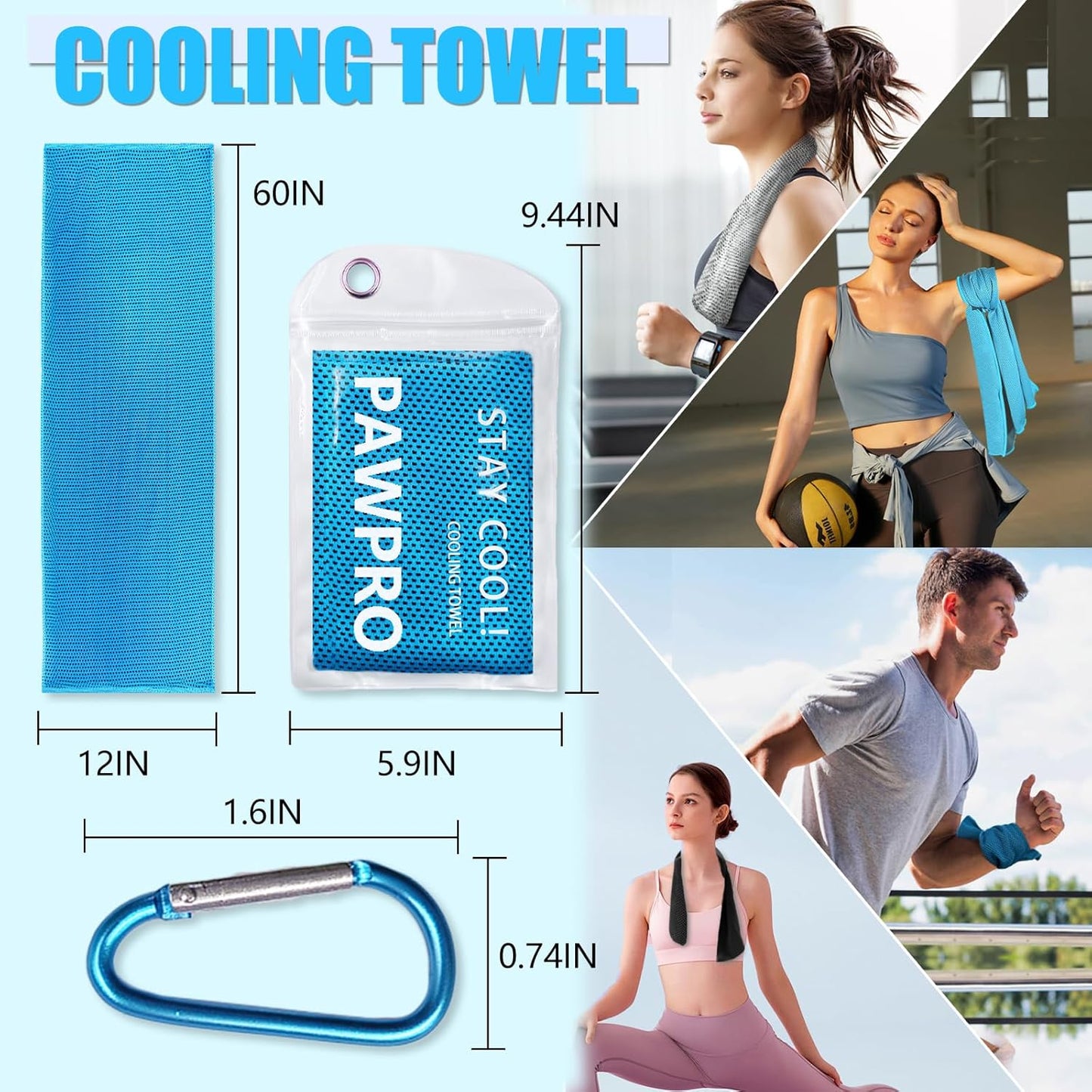 PAWPRO 4 Packs Cooling Towels for Neck and Face, Soft Breathable Gym Towels with Waterproof Bag & Carabiner, Multi-Colored Sweat Towels for Gym, Running, Yoga (Light Blue/Royal Blue/Black/Grey)