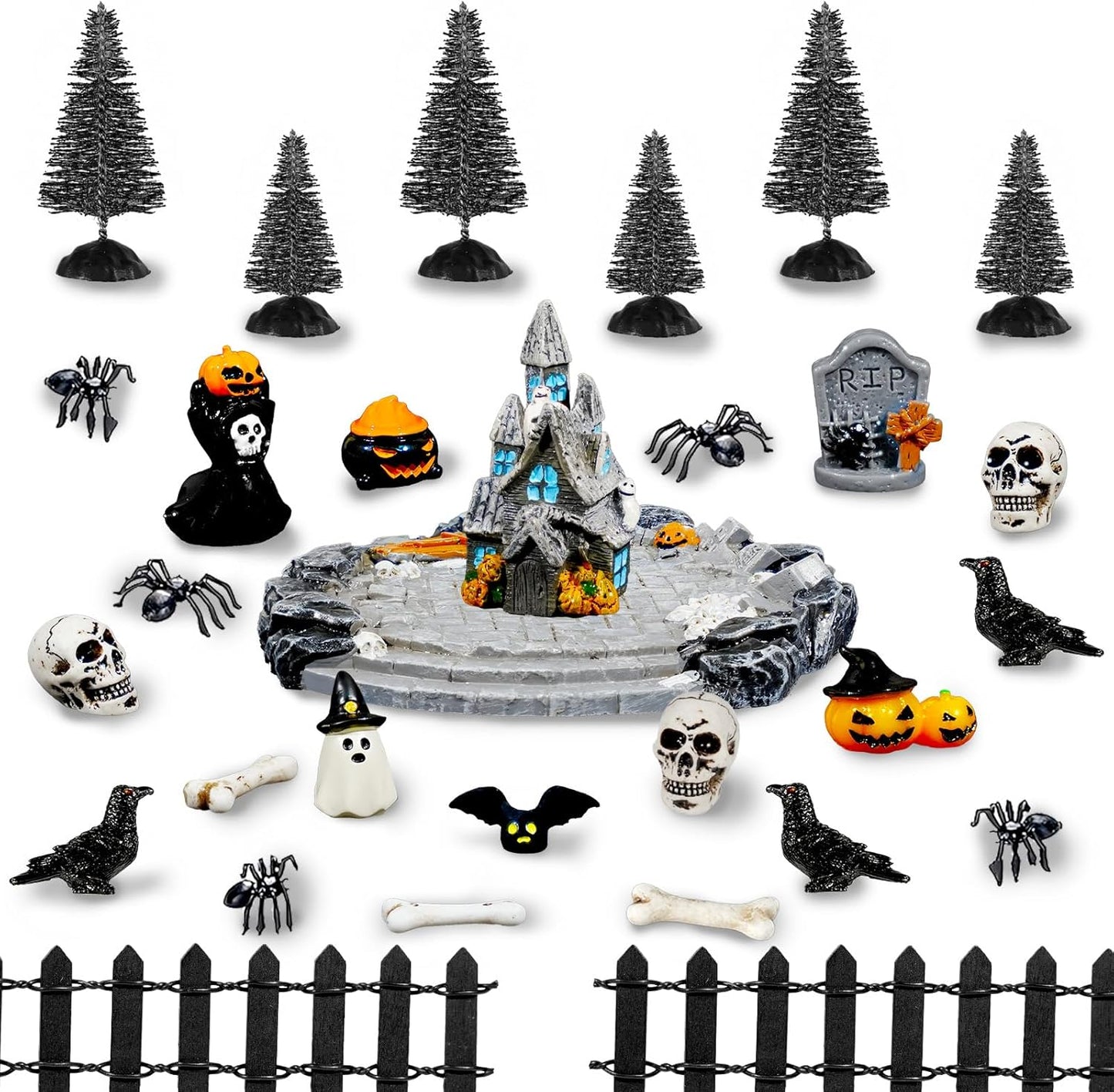 Hiawbon 30PCS Halloween Mini Village Set, Village Ornaments Miniature Decorations, Resin Miniature Spider Coffin Spiders Pine Trees Fence for Halloween Decor
