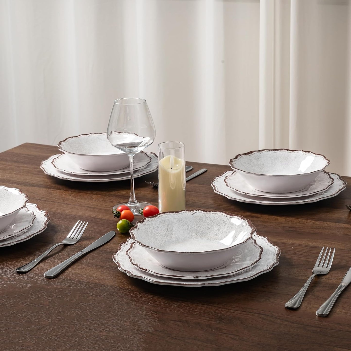 LEHAHA Farmhouse White Melamine Dinnerware Sets, 12 Piece Plates and Bowls Set, Perfect Weight and Unbreakable Camping Dishes Dinnerware Sets, Service for 4, Indoor and Outdoor Use, Dishwasher Safe