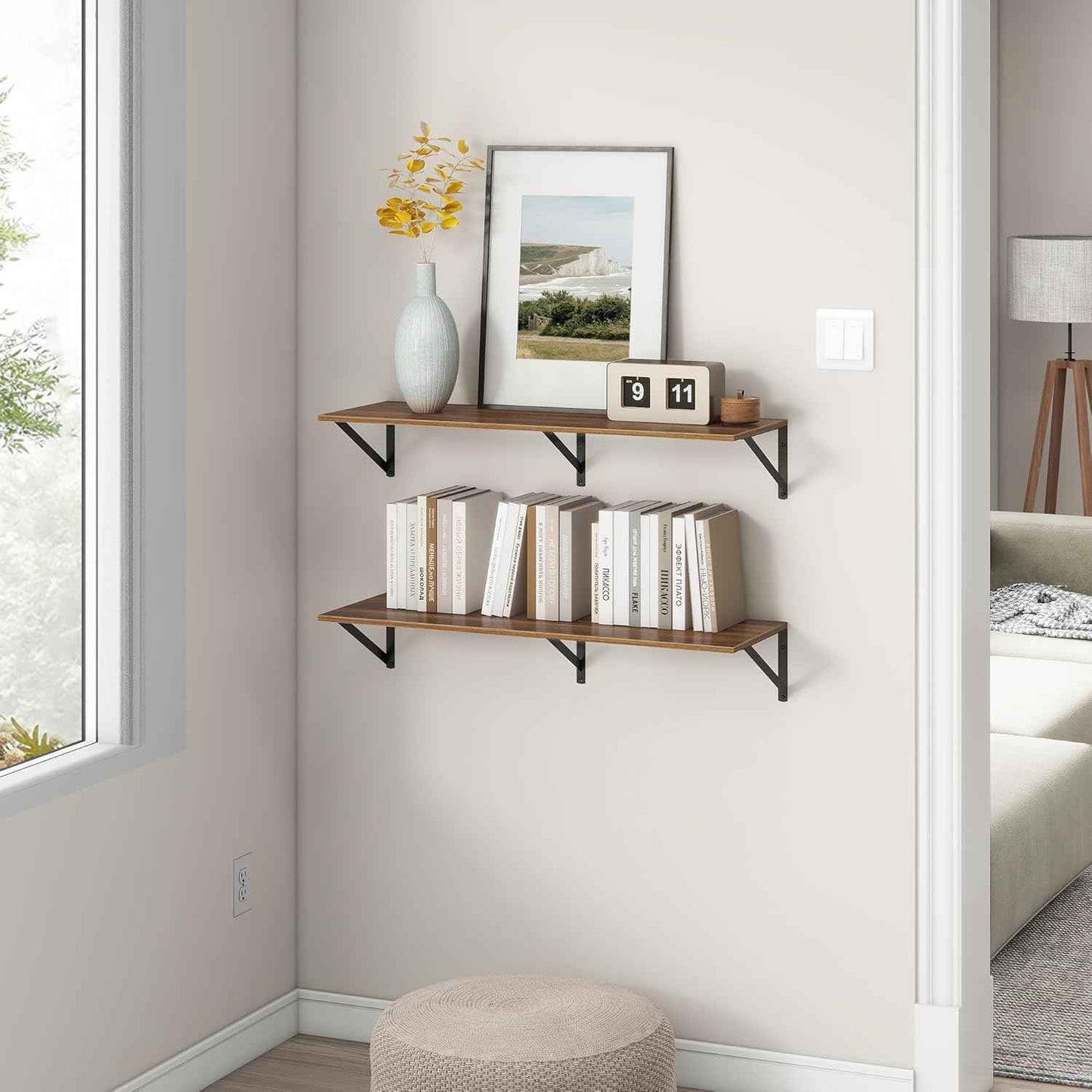 36"W x 12"D Floating Shelves, Walnut Deep Floating Shelves for Wall with Brackets, 12 Inch Deep Wall Shelves for Books, Wide Display Storage Shelves for Bathroom, Living Room, 36 Inch Long, Set of 2