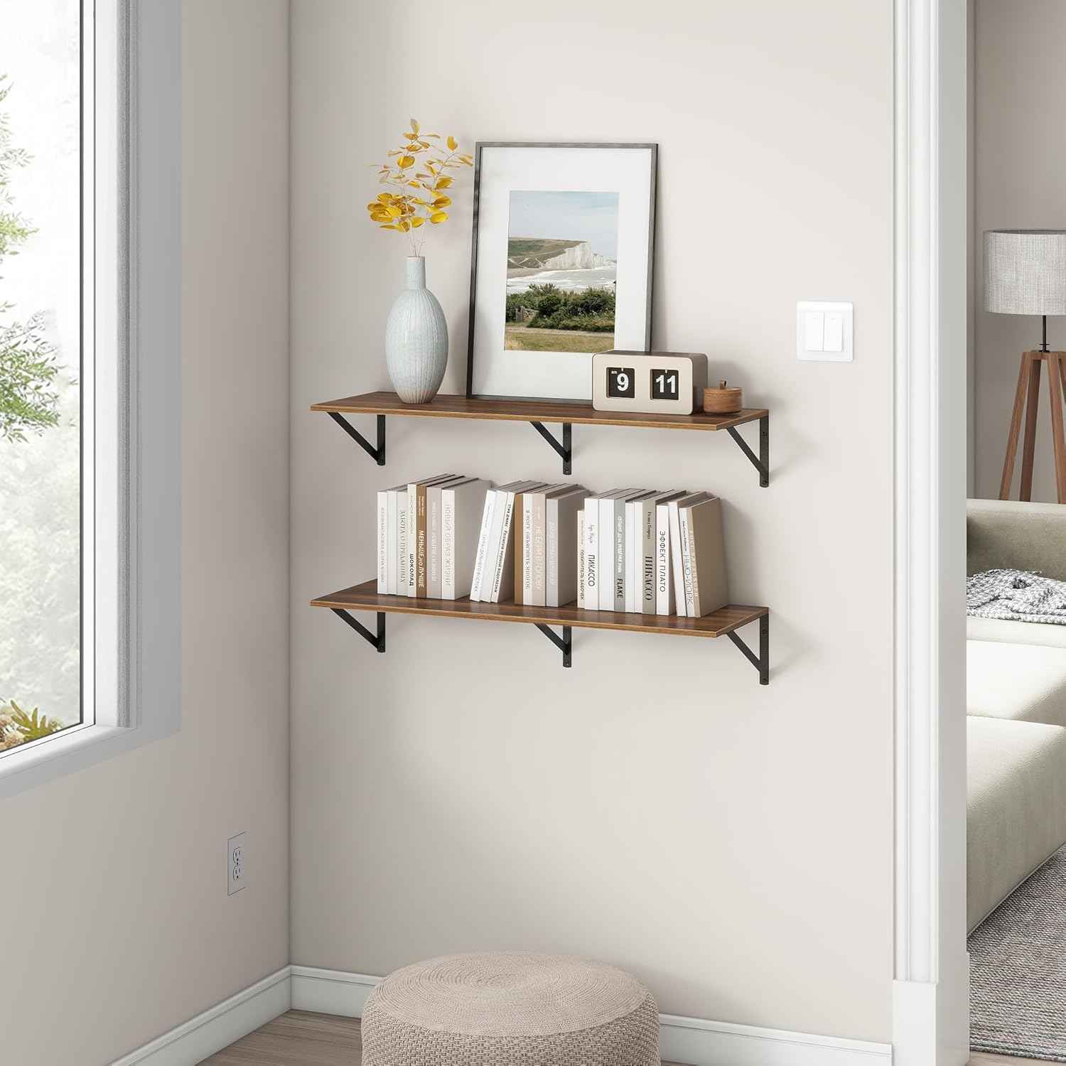 36"W x 12"D Floating Shelves, Walnut Deep Floating Shelves for Wall with Brackets, 12 Inch Deep Wall Shelves for Books, Wide Display Storage Shelves for Bathroom, Living Room, 36 Inch Long, Set of 2
