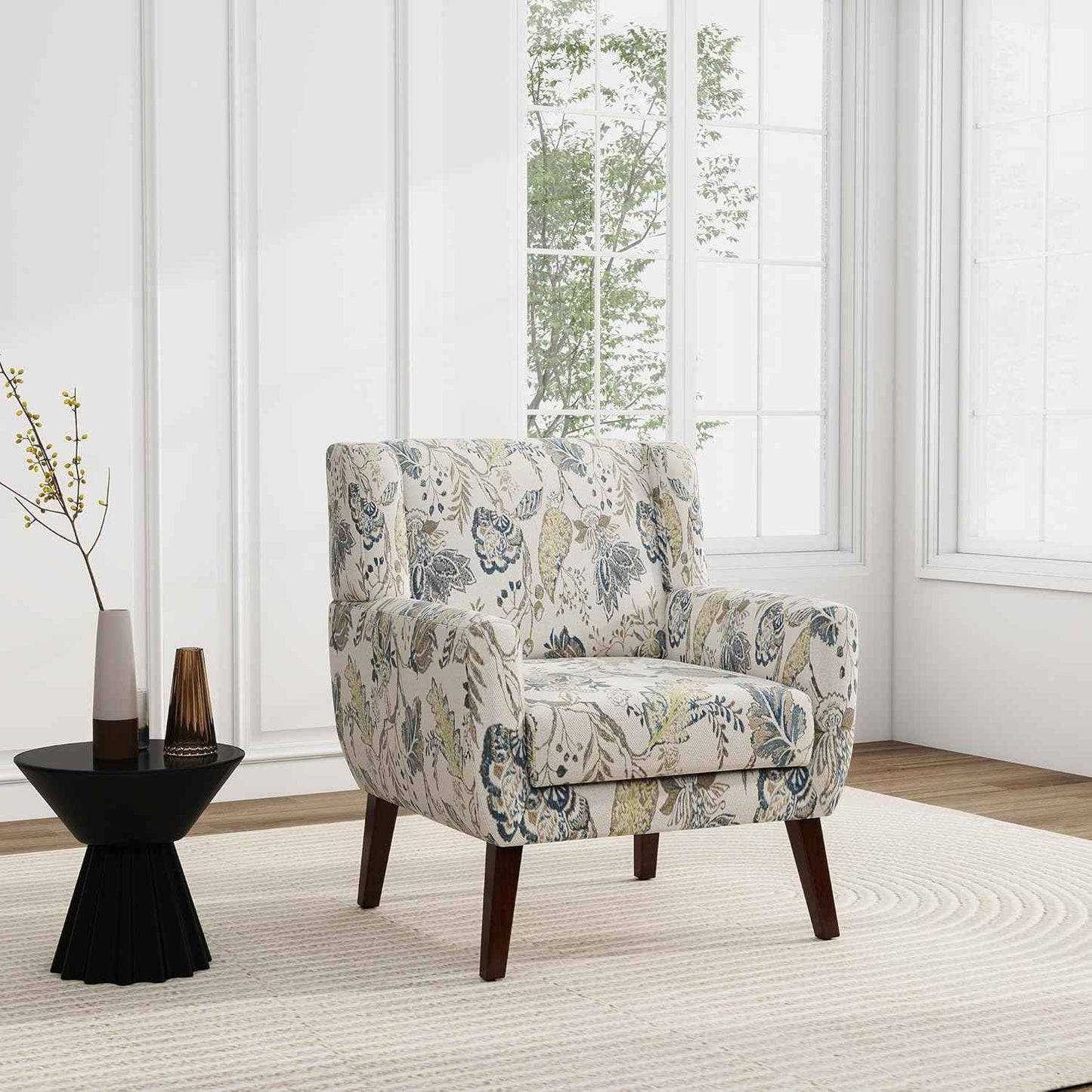 Floral Accent Chair, Modern Upholstered Armchair in Fabric for Living Room, Comfy Club Arm Chairs Single Sofa Button Tufted Bedroom Reading Seat - Pattern Leaf, Set of 1