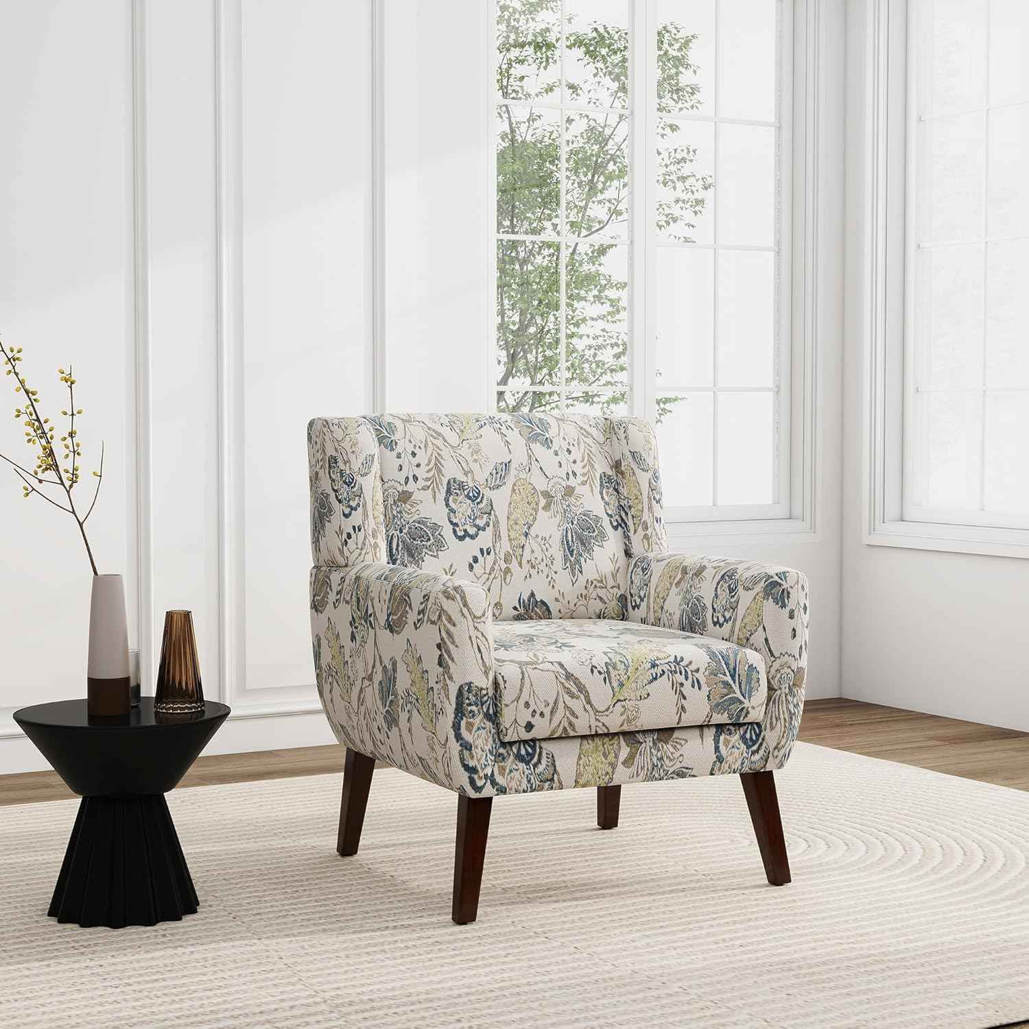 Floral Accent Chair, Modern Upholstered Armchair in Fabric for Living Room, Comfy Club Arm Chairs Single Sofa Button Tufted Bedroom Reading Seat - Pattern Leaf, Set of 1