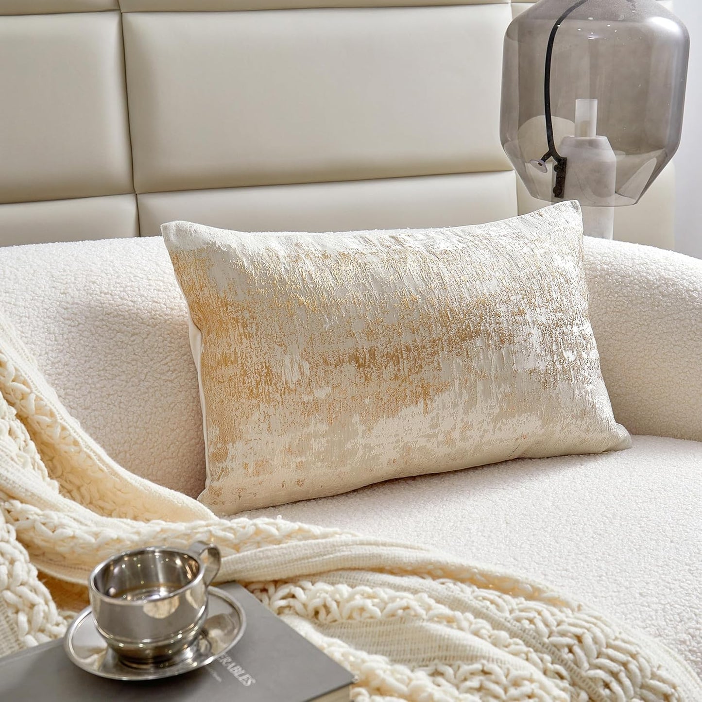 THE-TINOART Cream Beige & Gold Luxury Pillow Cover 12x20 - Embroidered Jacquard with Metallic Thread, Reversible Decorative Throw Pillow Cover for Sofa/Bed, Velvet Backing