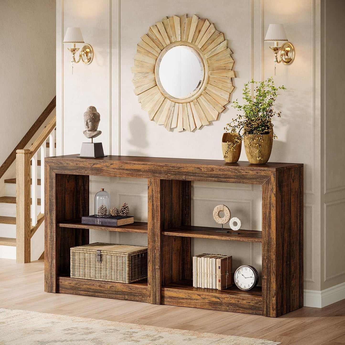 Tribesigns 59-Inch Farmhouse Entryway Table, 3-Tier Console Tables for Living Room, Wood Console Behind Couch for Living Room, Hallway, Foyer, Rustic Brown