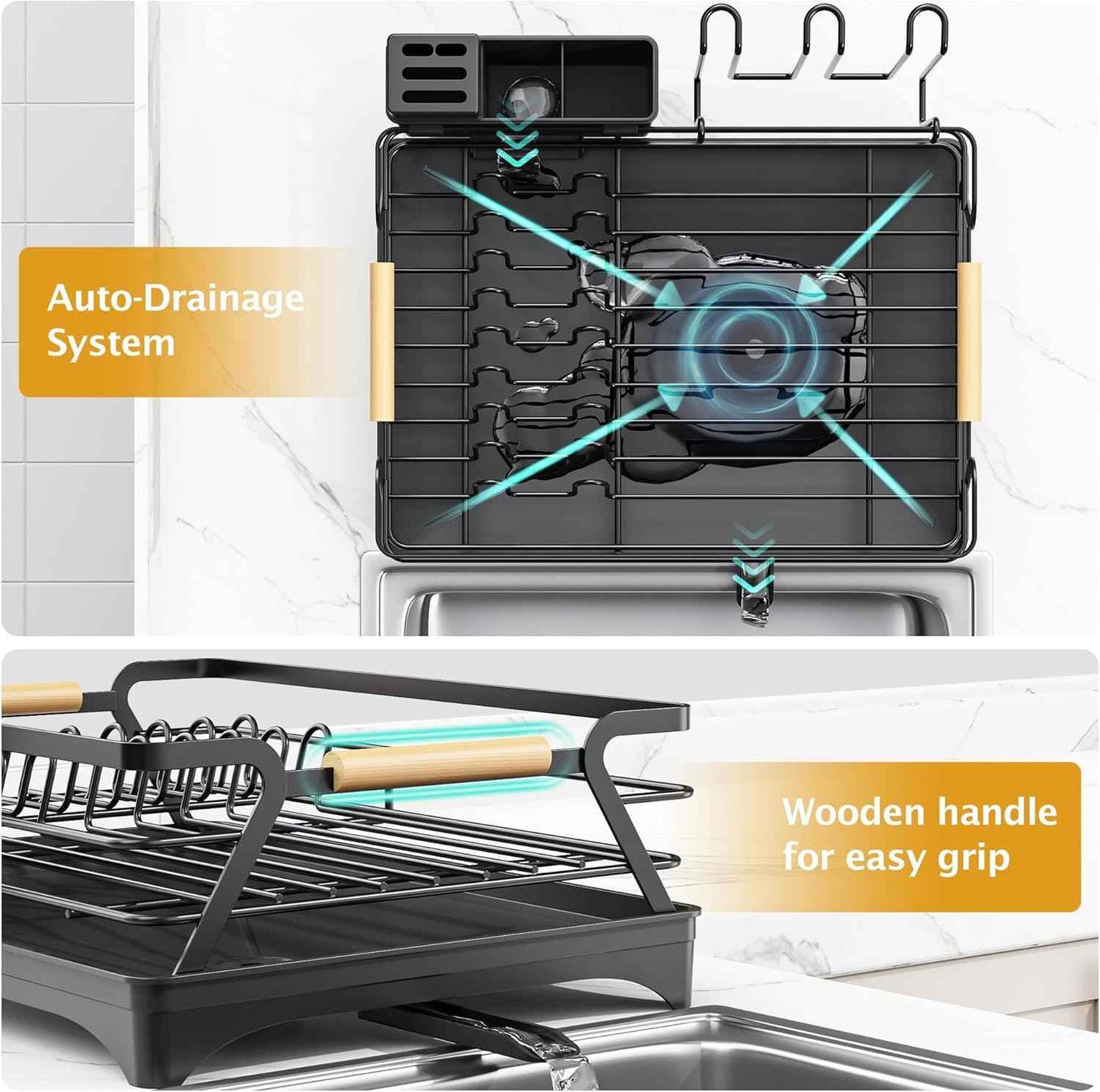 Epicano Dish Drying Rack for Kitchen Counter - Large Capacity Dish Rack with Wooden Handle,Cup Holder & Knife Slots, Rustproof Dish Drainer with Auto-Drainage System, Kitchen Sink Organizer, Black