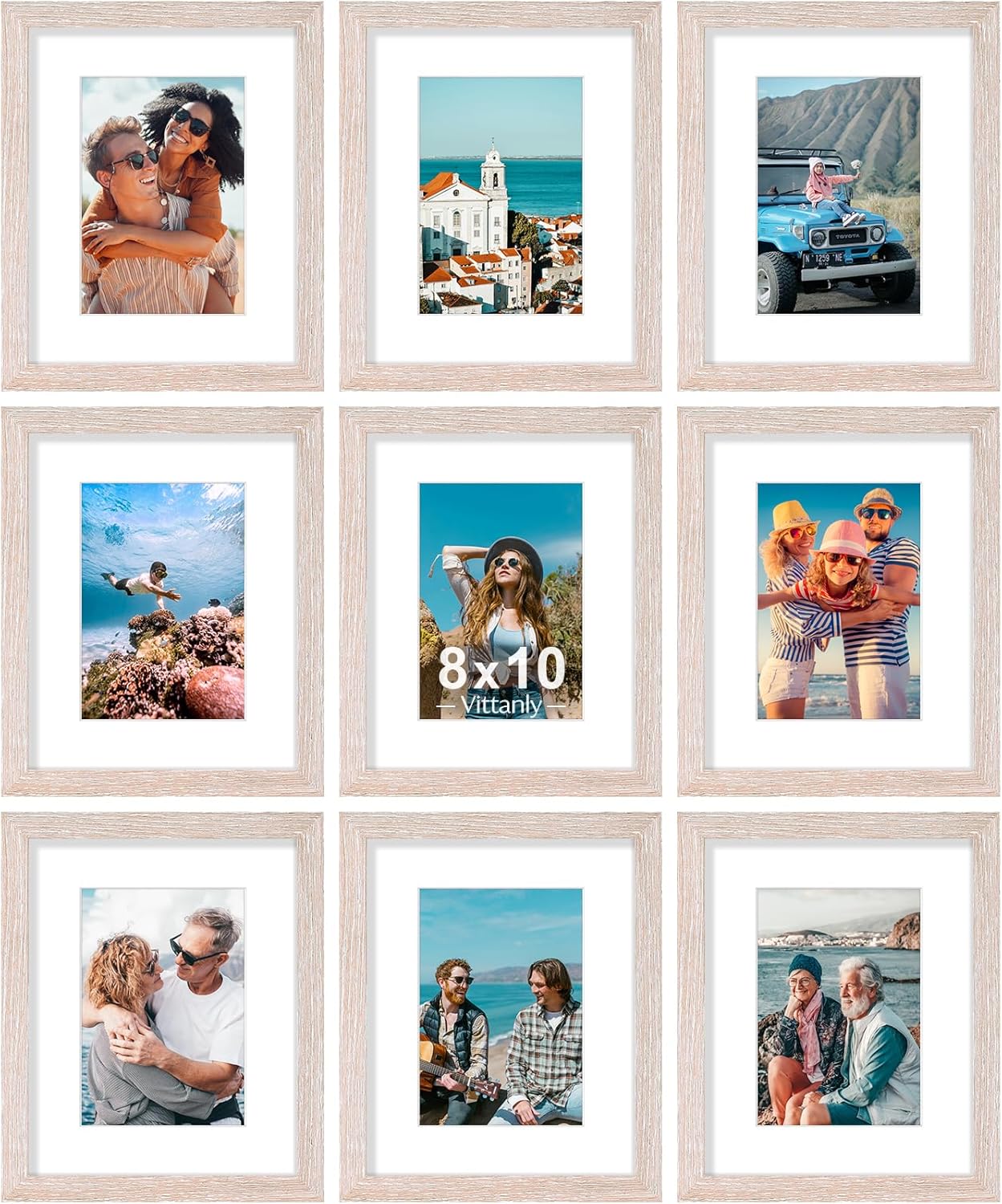 Vittanly 8x10 Picture Frames Set of 9, Shatter Resistant Plexiglass, Display 5x7 Pictures with Mat or 8x10 without Mat, Photo Frames for Wall or Tabletop, Engineered Wood, Rustic Pink