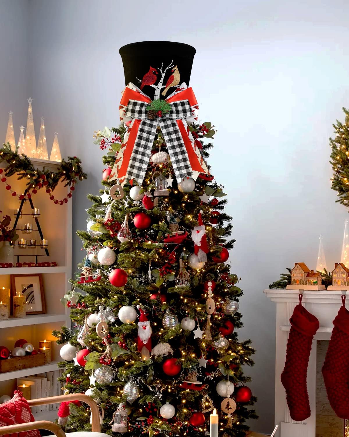 Cardinal Christmas Tree Topper Top Hat with Buffalo Plaid Check Bows Xmas Couple Cardinals on Tree Ornament Winter Holidays Home Decoration Memorial Sympathy Gift for Him Her