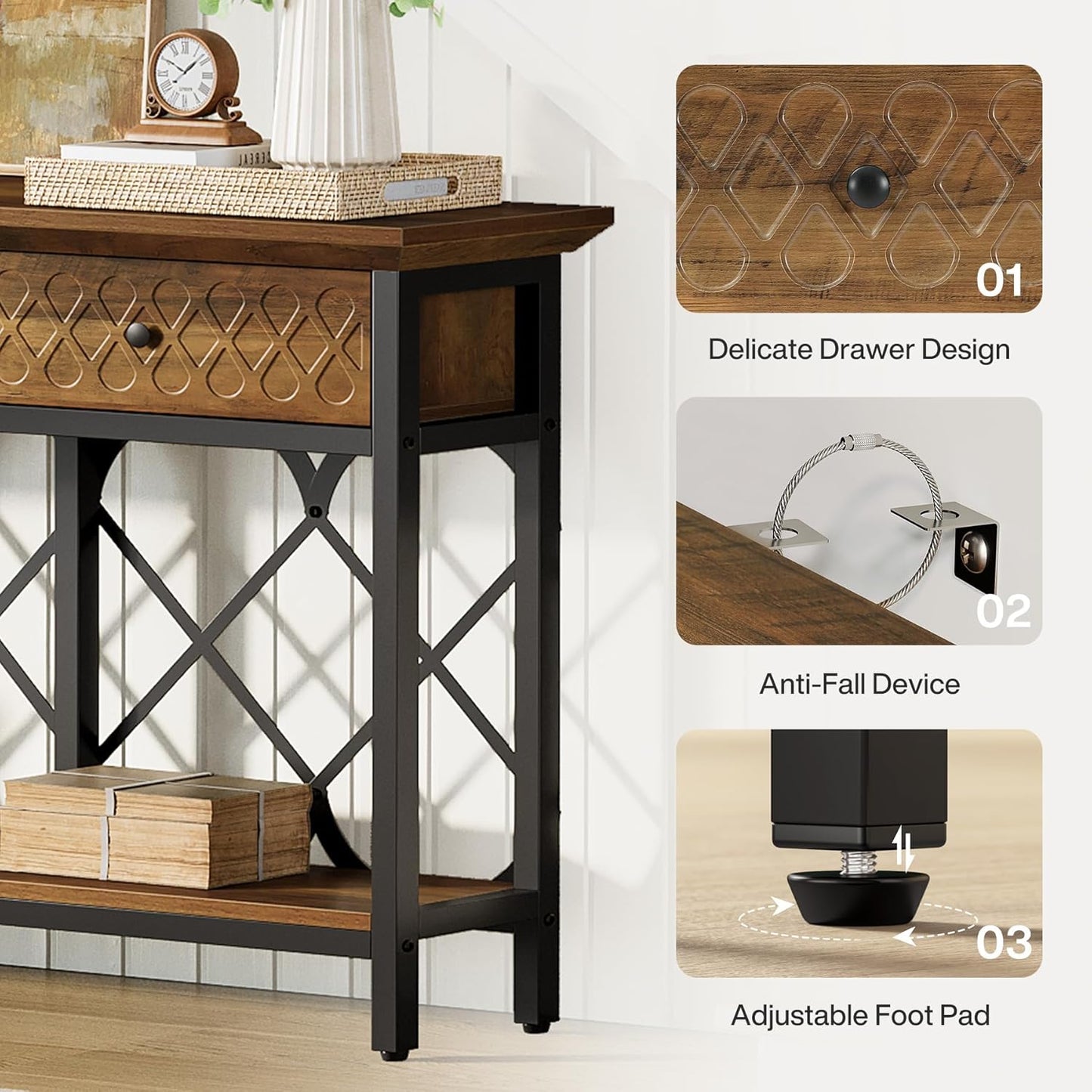Tribesigns 70.86" Extra Long Console Sofa Table with 3 Drawers, Industrial 2-Tier Narrow Entryway Table Behind The Couch for Living Room, Entryway, Hallway