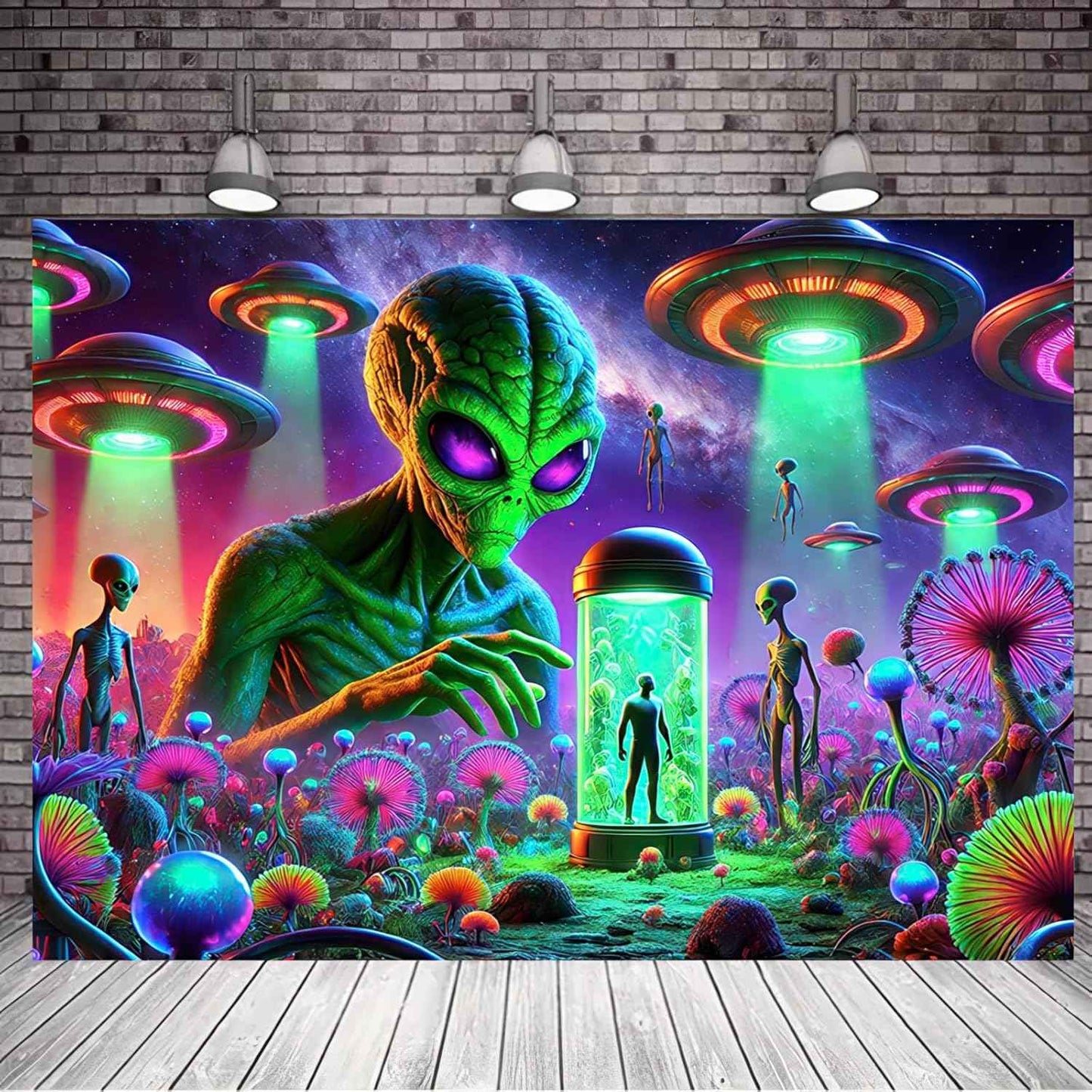 BlissYard Neon Alien UFO Black Light Tapestry Cosmic Sci Fi Mushroom Planet UV Reactive Psychedelic Space Blacklight Tapestry Wall Hanging for Bedroom Living Room Dorm Game Room Party Decor 78x59 Inch