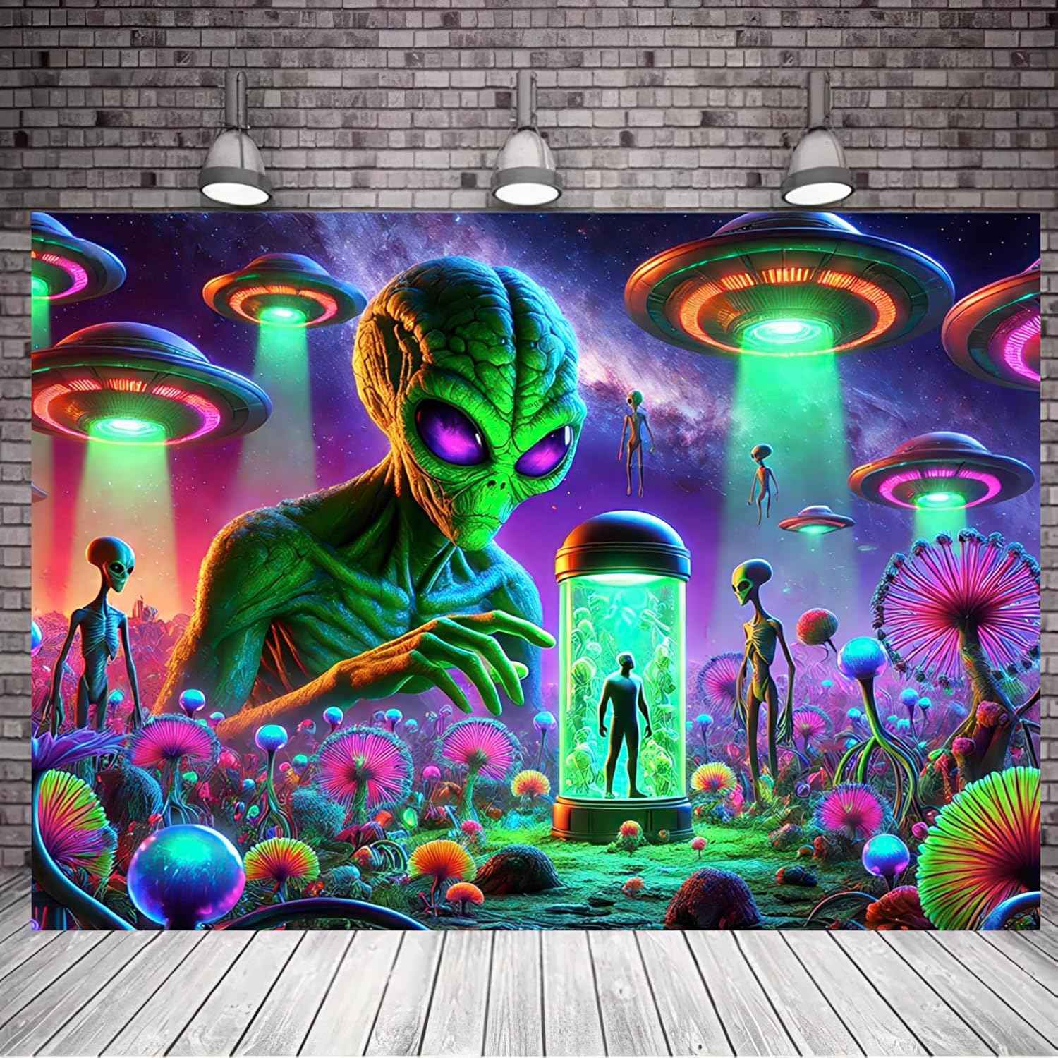 BlissYard Neon Alien UFO Black Light Tapestry Cosmic Sci Fi Mushroom Planet UV Reactive Psychedelic Space Blacklight Tapestry Wall Hanging for Bedroom Living Room Dorm Game Room Party Decor 78x59 Inch