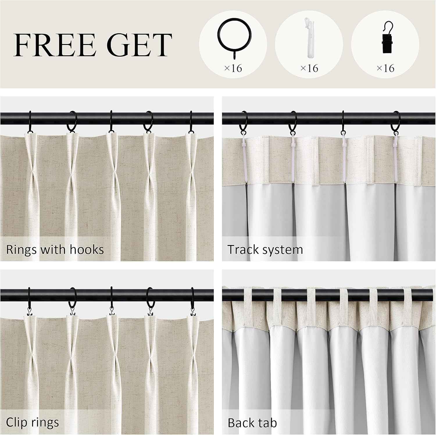100% Blackout Extra Long Linen Pinch Pleated Curtains 9 Ft Natural Cream Drapes Room Darkening Thermal Insulated with Back Tab, Boho Ceiling to Floor Curtain for Bedroom 2 Panels 108 Inches Long