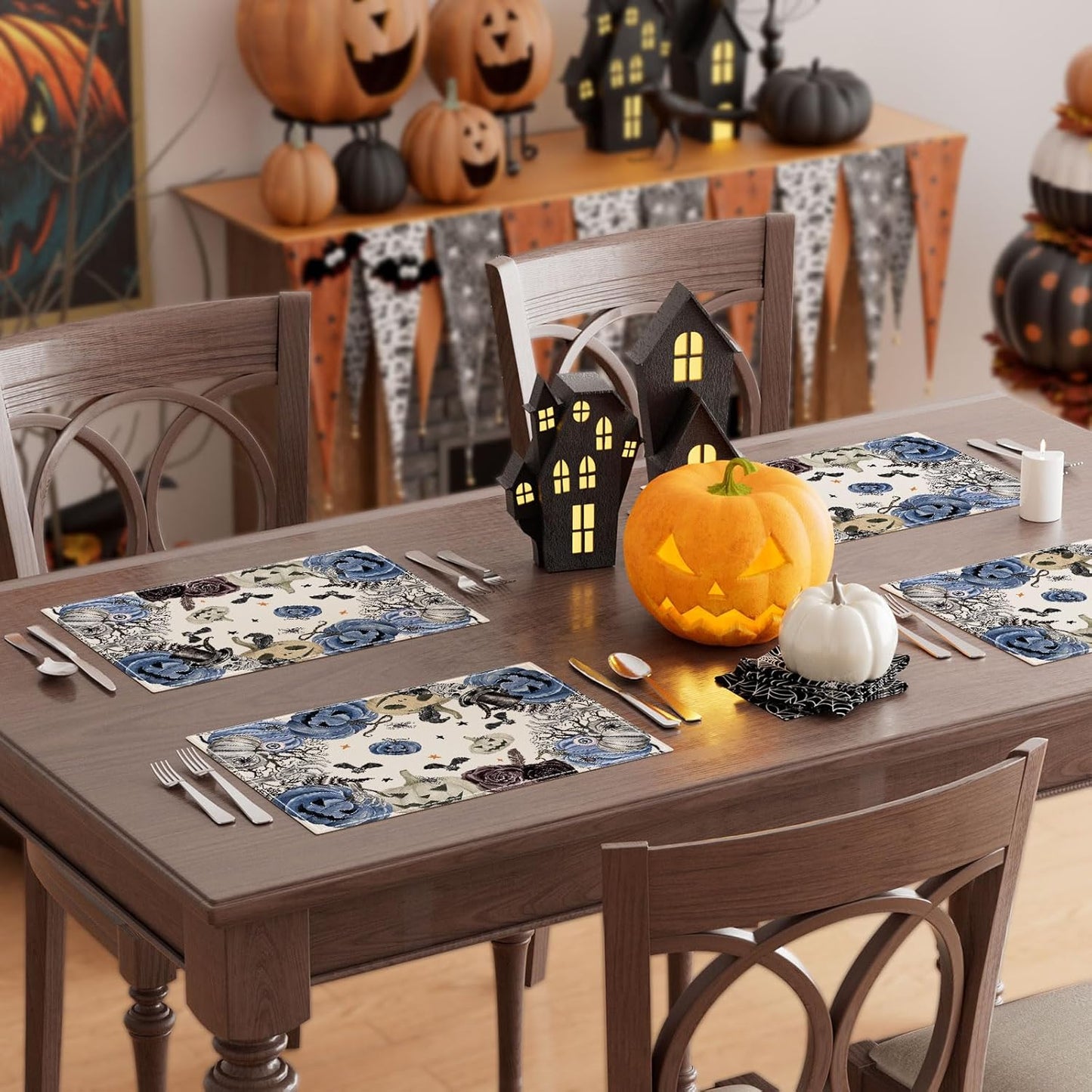 XCHI Spooky Blue Pumpkin Halloween Placemats Set of 6 Table Mats for Party Home Kitchen Dining Table Decorations 12x18 Inch