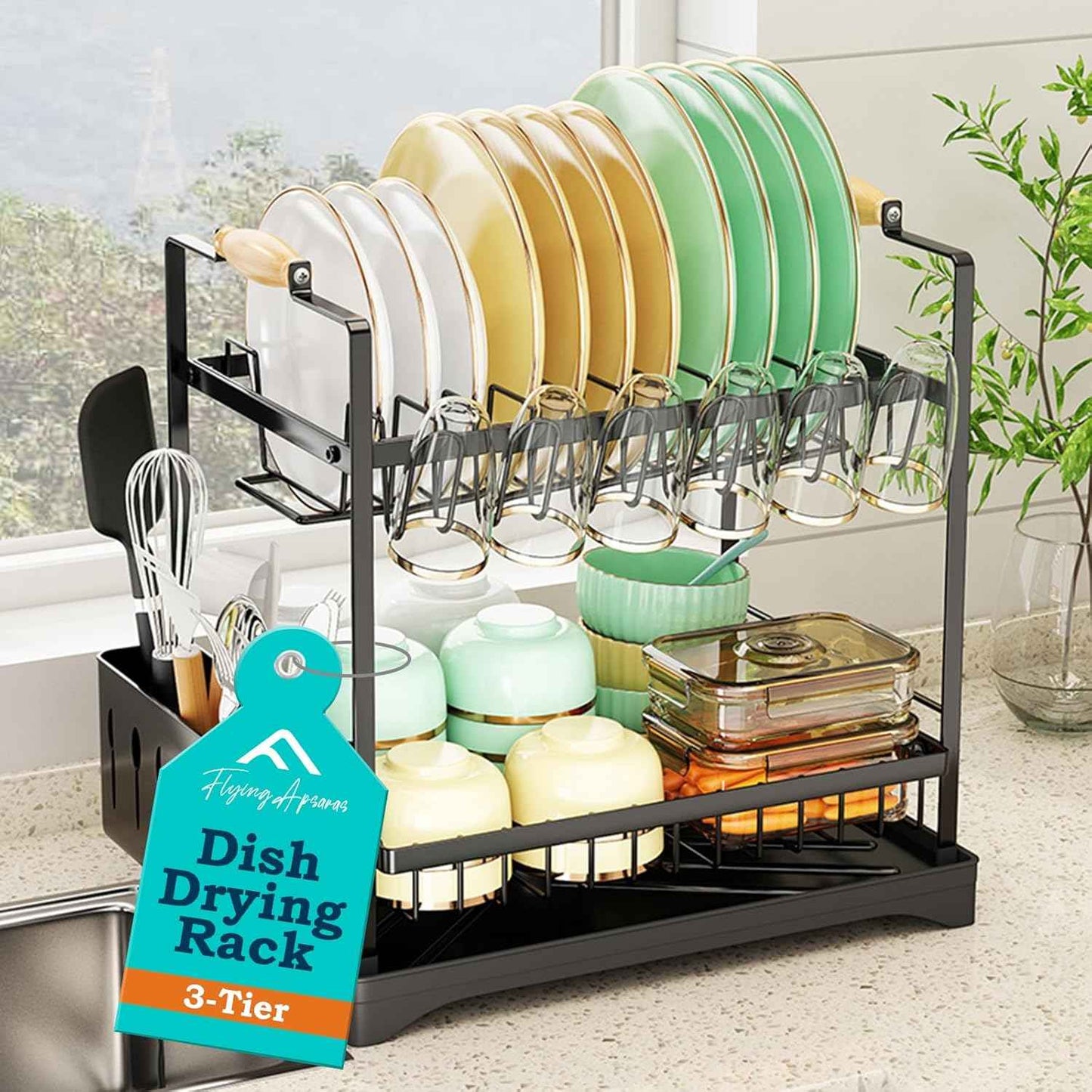APSARAS USA 2-Tier Dish Drying Rack, Dish Rack with Wooden Holder Over The Sink Dish Drying Rack Kitchen, Rustproof Kitchen with Drainboard,16.5"x9.8" x19.7",Stainless Steel Drainers