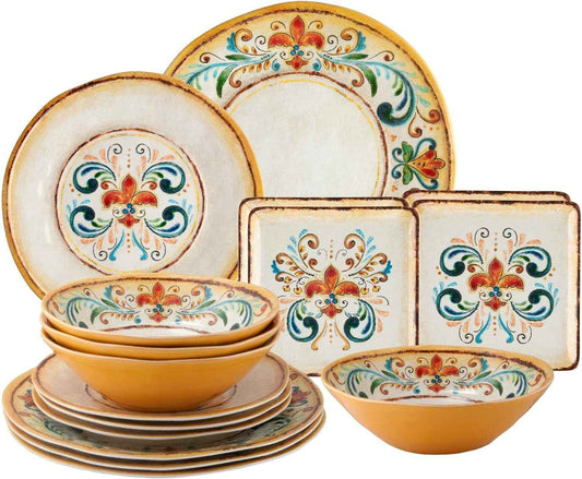 UPware 16 Piece Tuscany Melamine Dinnerware Sets, Outdoor Dishes Set, Plates and Bowls Sets, Service for 4, Multicolor