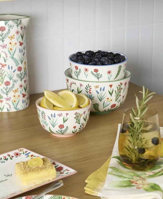 Oneida Serveware, First Blooms Nesting Bowls Set Of 3, Porcelain Material, Dishwasher & Microwave Safe, 19-oz, 30-oz, & 46-oz Serving Bowls, Pasta Bowl, Floral Design (Multi-Colored, 3 Pieces)