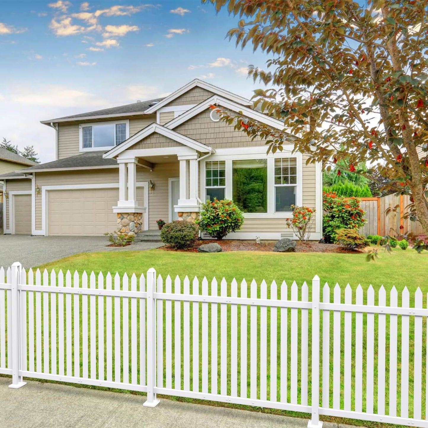 Patio 7 Sets Vinyl Picket Fence Panels 30" H x 84" W White PVC Decorative Fence for Front Yard Porch Patio Deck Pool Air Conditioner Fence Safety Dog Fence (34 Pickets, Straight)