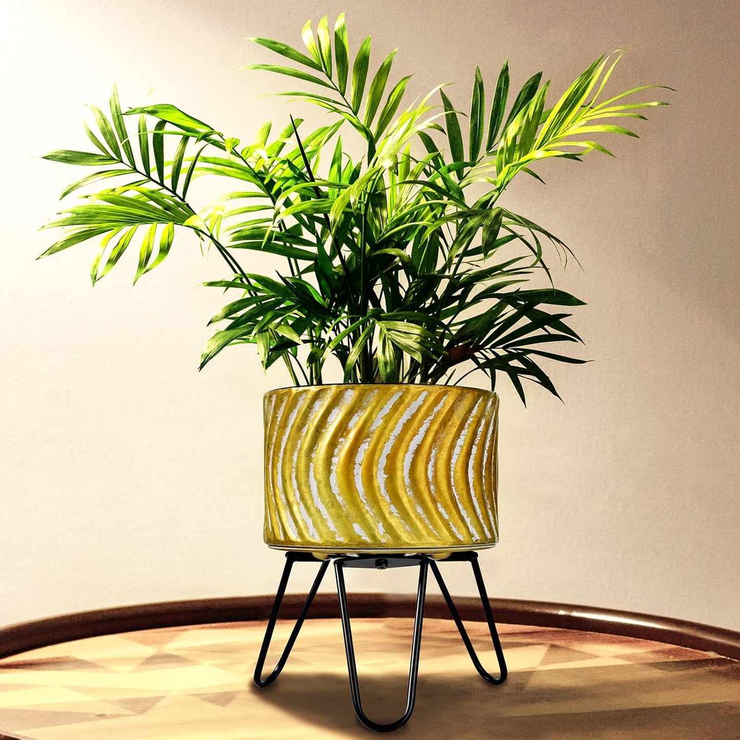 Harvest Land Plant Pots with Stand, Set of 2 Large Modern Planters Metal Tall Handmade Flower Pots with Drainage Holes Indoor Outdoor,Gold