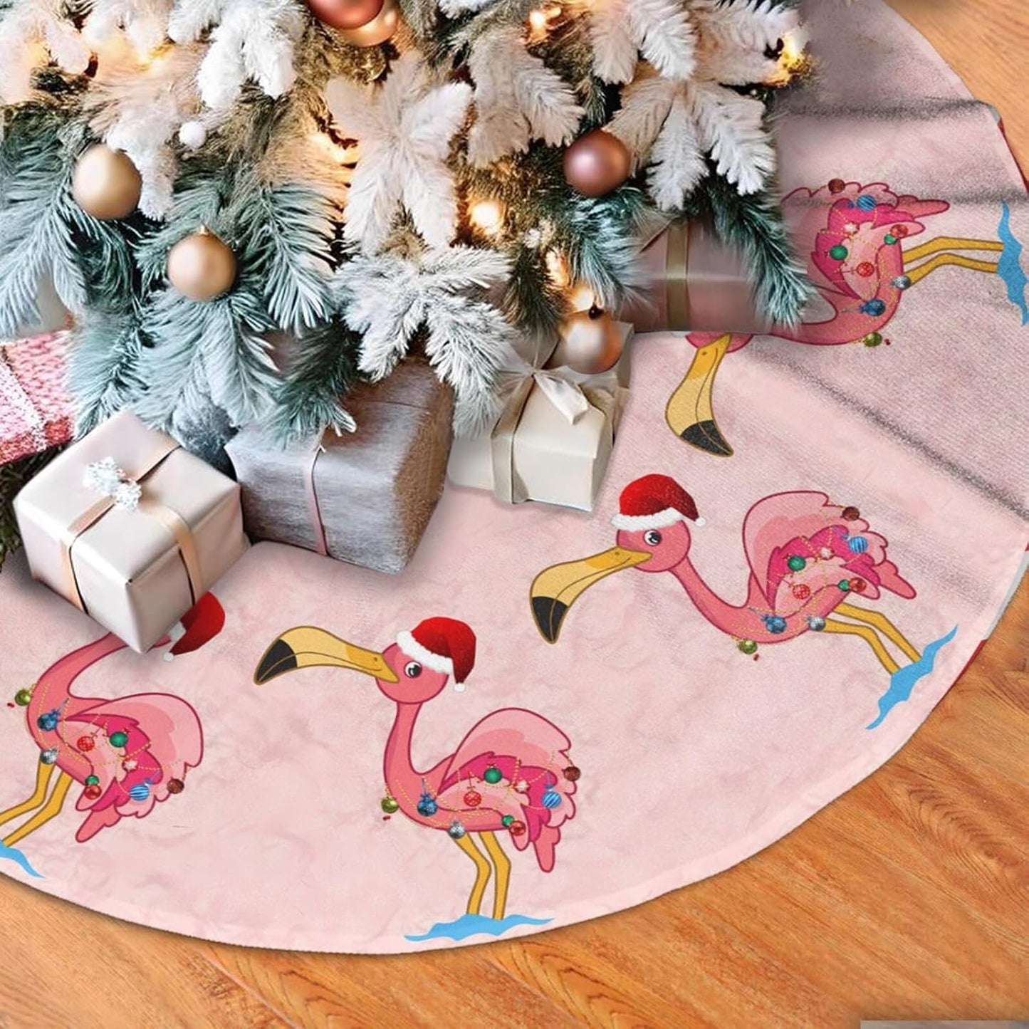 36" Large Christmas Tree Skirt, Christmas Decorated Flamingo Pattern Tree Mat Base Cover for Xmas Festive Holiday Party Decoration Ornaments