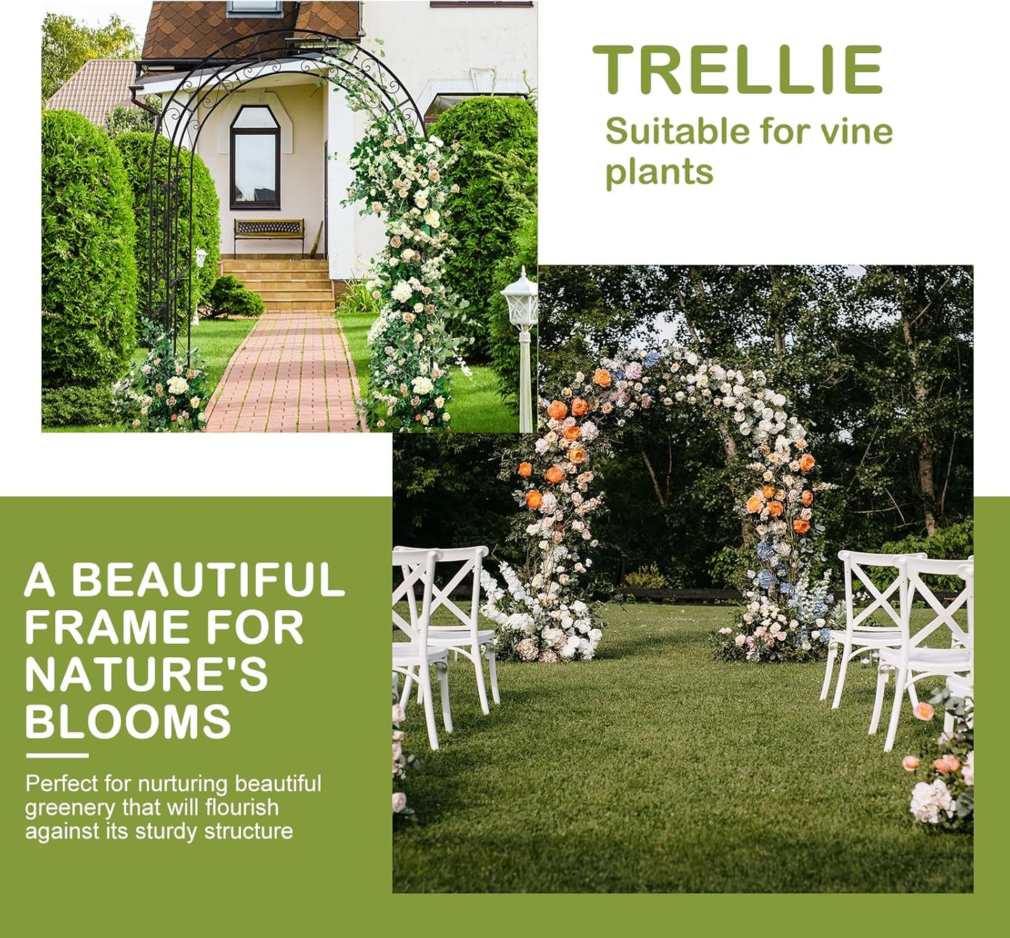 Outvita 7FT Garden Arch Arbor, Heavy Duty Metal Arbour Archway, Decorative Frame Stand Trellis with 7 Inch Ground Stakes for Wedding Ceremony Party Plant Climbing Rose Vines Lawn Courtyard Patio Black