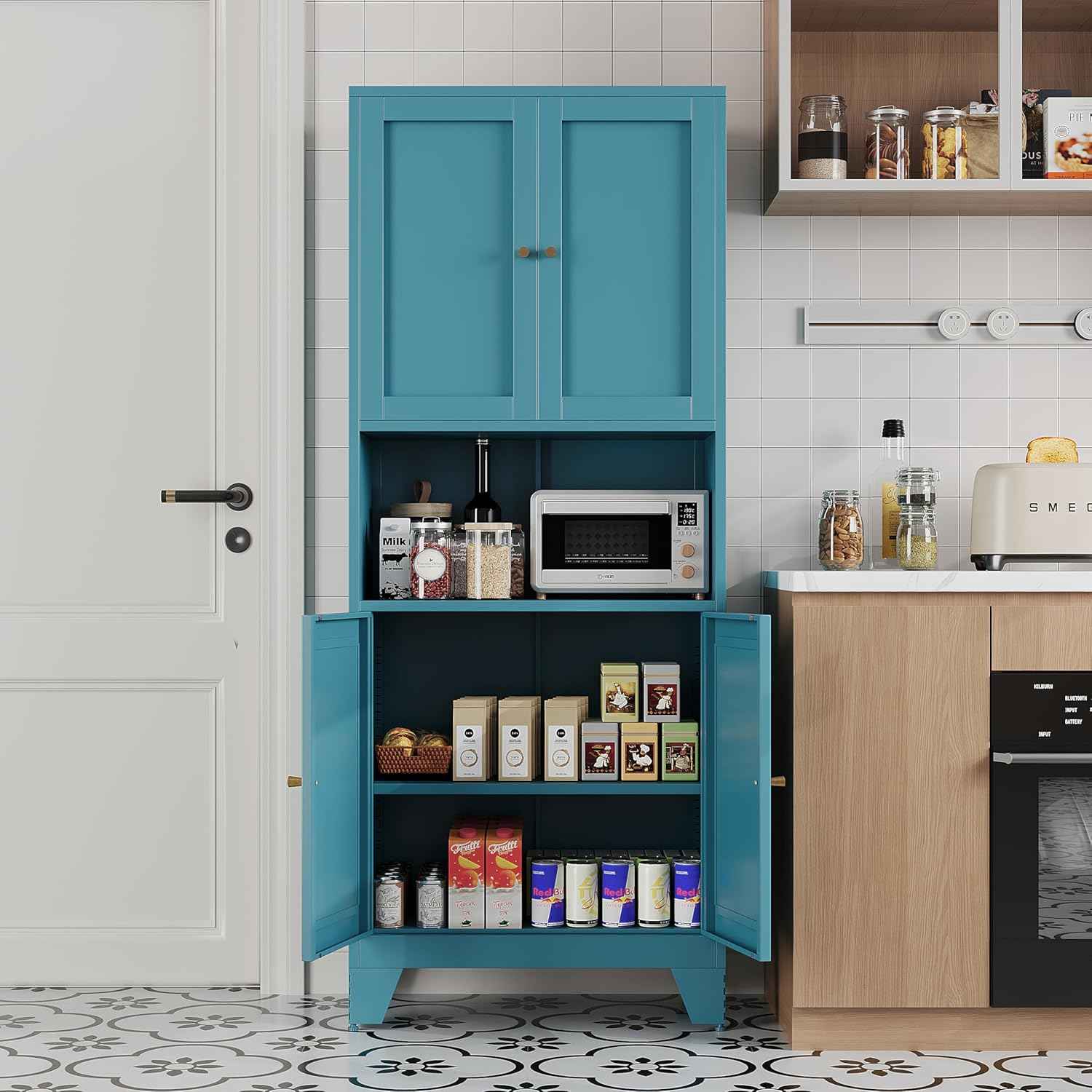 68.9'' Metal Pantry Cabinet, Kitchen Pantry Storage Cabinets with Doors and Microwave Shelf, Tall Freestanding Storage Cabinets with Anti-tip Design, for Dining Room Living Room Bathroom(Blue)