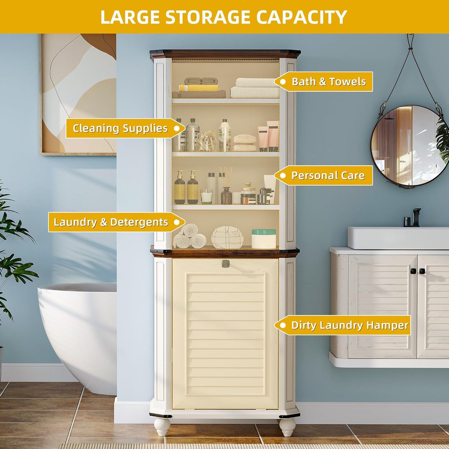 DWVO Tilt Out Laundry Hamper, Farmhouse 4-Tier Storage Cabinet with Removable Laundry Basket, Laundry Hamper Organizer with 2 Adjustable Shelves for Laundry Room, Bathroom, White