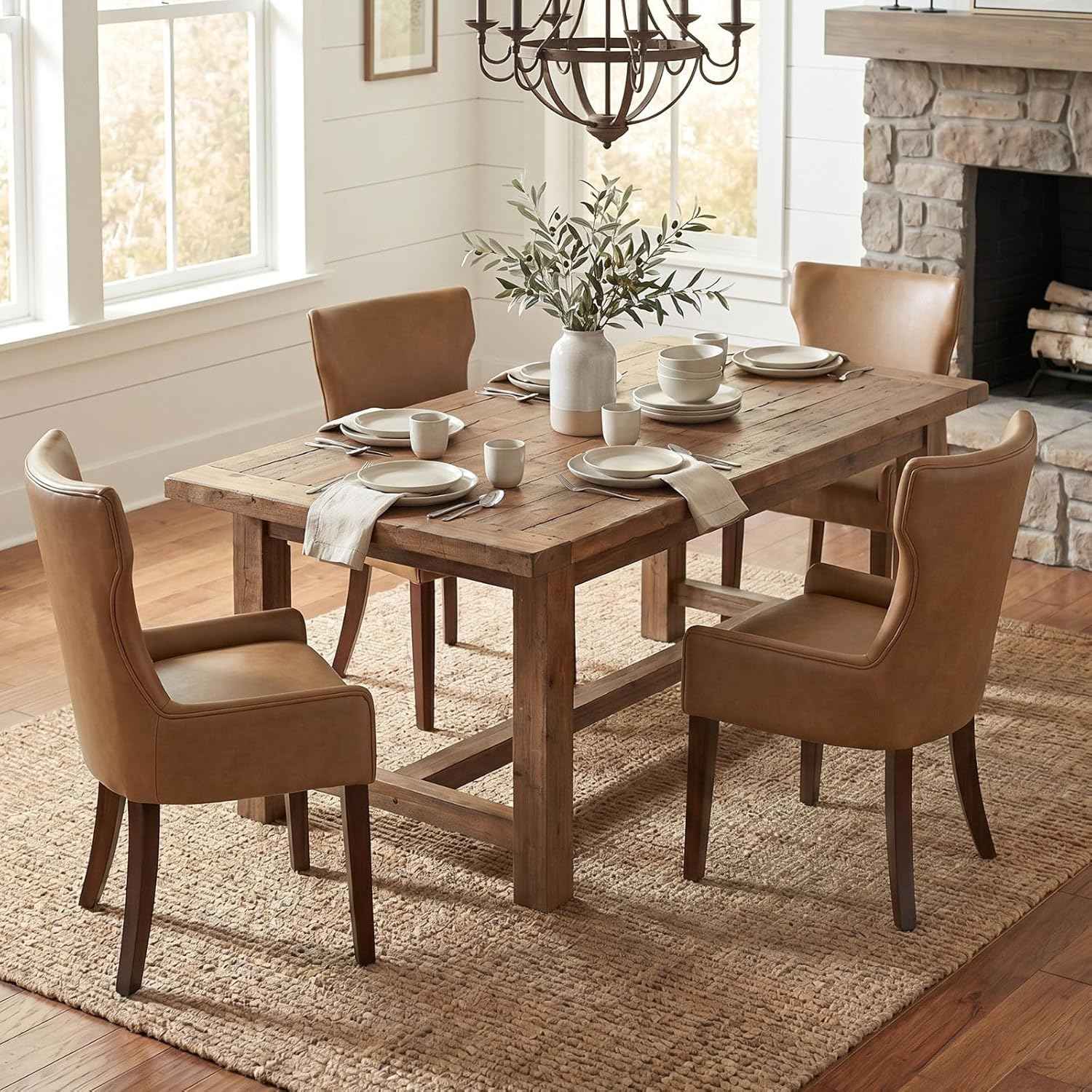 Modern Dining Chairs Set of 4, Faux Leather Kitchen Chairs with Wood Legs, Upholstered Curved Back Side Accent Chair for Kitchen/Dining Room, Brown PU