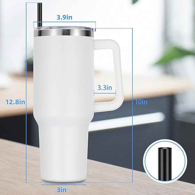 DOMICARE 40 oz Tumbler with Handle and Straw, Stainless Steel Tumbler with Lid and Straw, Reusable Vacuum Insulated Cup, Travel Coffee Mug, White, 1Pack
