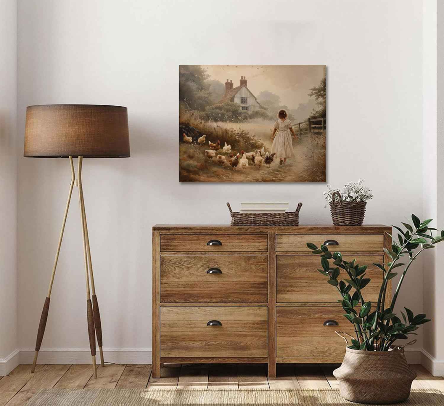 Girl Farmhouse Wall Art Chicken Farm Canvas Rustic Country Poster Brown Chickens Picture Vintage Countryside Female Print Artwork Painting Farm House Wall Decor For Bedroom Living Room Framed