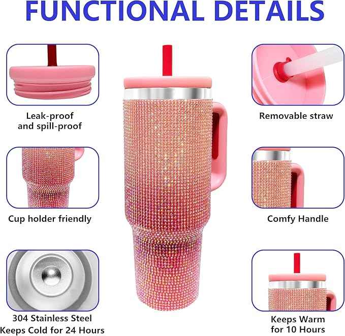 40-OZ Insulated Water Bottle,Insulated Stainless Steel Tumbler,Reusable Cold Drink Thermos,BPA-Free, Double-Wall Stainless Steel Water Bottle (Pink Gradient - Diamond, 40, Fluid Ounces)