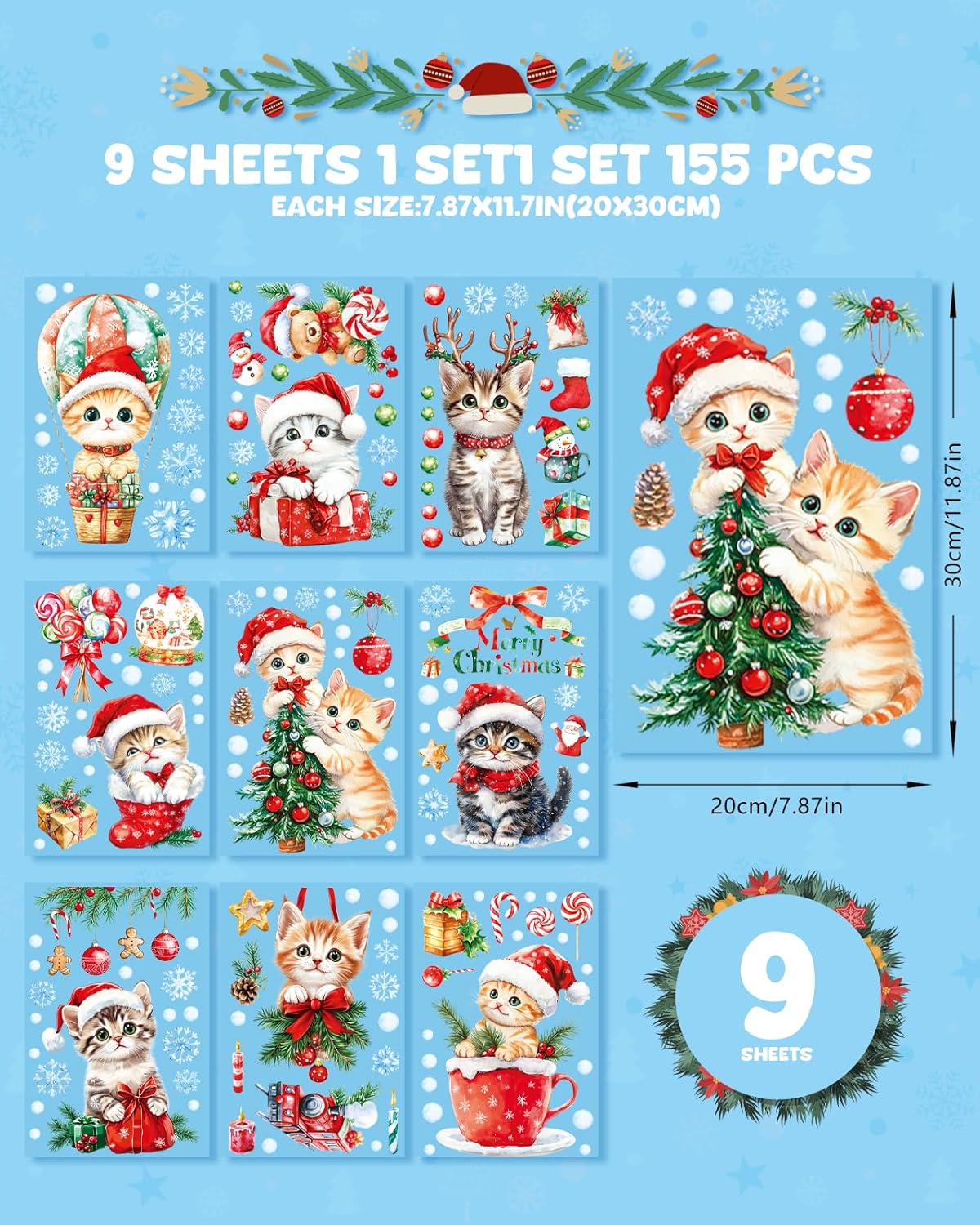Christmas Window Clings Decorations - Cute Funny Double-Sided Static Stickers for Glass Windows and Doors, Perfect Decorations, with Cat Kitten Pattern, Reusable 9 Sheets