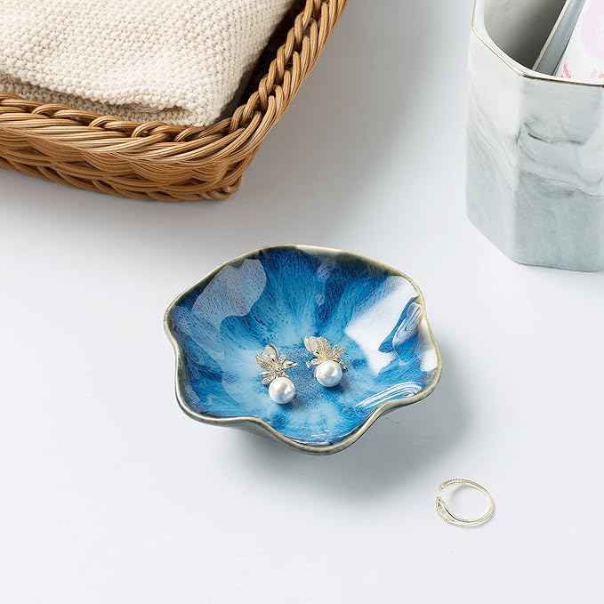 Jewelry Dish Tray, Ring Dish, Ceramic Trinket Tray, Key Bowl, Decorative Plate, for Friends Sisters Daughter Mother (Starry Blue)