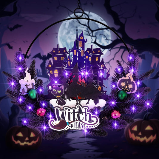 Lighted Halloween Wreaths for Front Door, Welcome Metal Wooden Door Wreath Decor Hanging Sign, 30 LED Lighted Wall Decor Battery Operated for Halloween Indoor Outdoor (Witch)