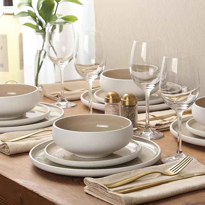 Gibson Elite Pacifco Beach Plates and Bowls Sets, 12-Piece Stoneware Dinnerware Sets, Reactive Glaze Dish Set - Taupe