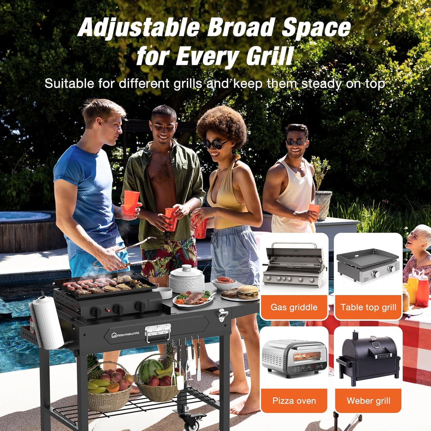 Grill Table for Outside, Portable Folding Grill Cart with Wheels and Adjustable Tabletop, 400 Lbs Weight Capacity, Movable Griddle Stand Fit 17'' or 22'' for Camping, BBQ, Cooking