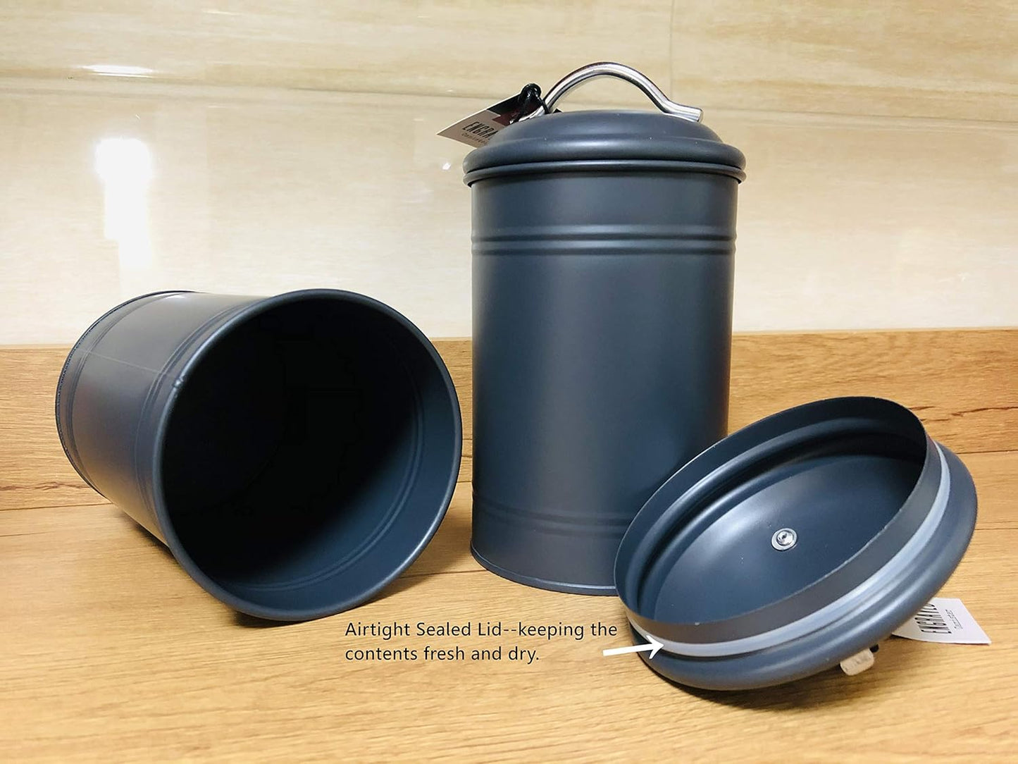 Airtight Kitchen Canister with Lid, Rustic Farmhouse Decor Container for Dry Food Sugar Coffee Tea, Charcoal Gray Metal Countertop Storage Jar (7.87''H x 4.3''Dia.)