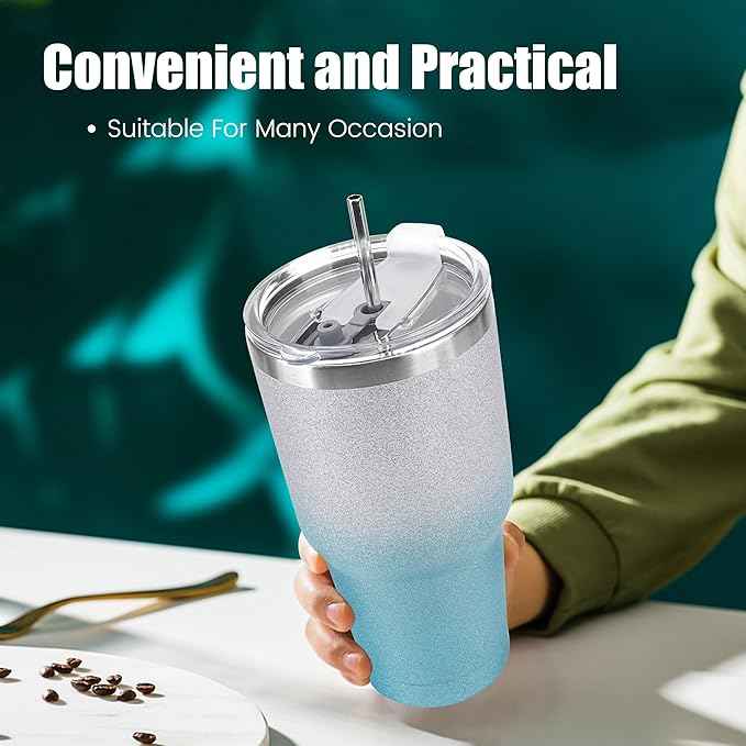 D·S 30 oz Tumbler Blue Glitter Gradient Cup Stainless Steel Double Wall Vacuum Insulated Mug with Straw and Lid, Cleaning Brush for Cold and Hot Beverages
