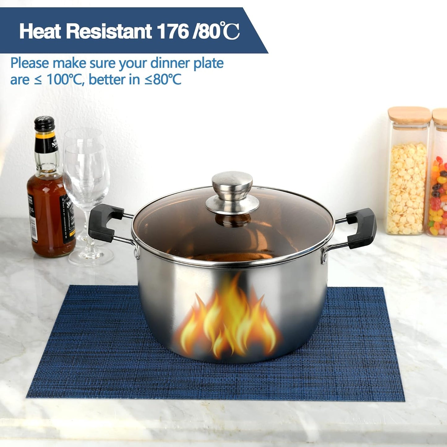 Navy Blue Placemats Set of 6 - Easy Clean Washable Vinyl Placemats - Wipeable Heat Resistant Table Mats for Dining Table - 17x12 Inch (Navy Blue, 6)