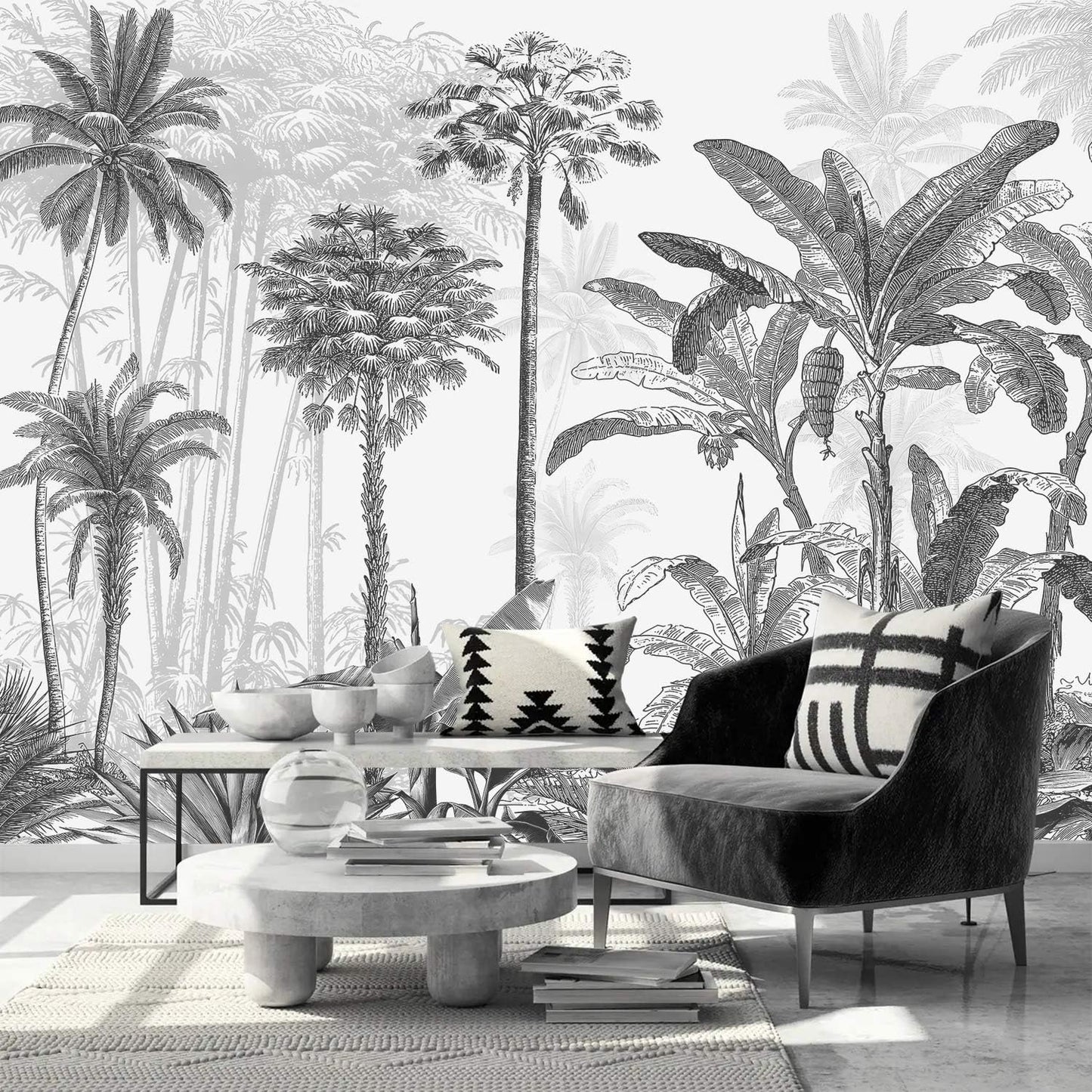 AFZEVEB-Black and White Jungle Wallpaper Hand-Painted Tree Wall murals for Bedroom 136"x96" (Not Peel and Stick)