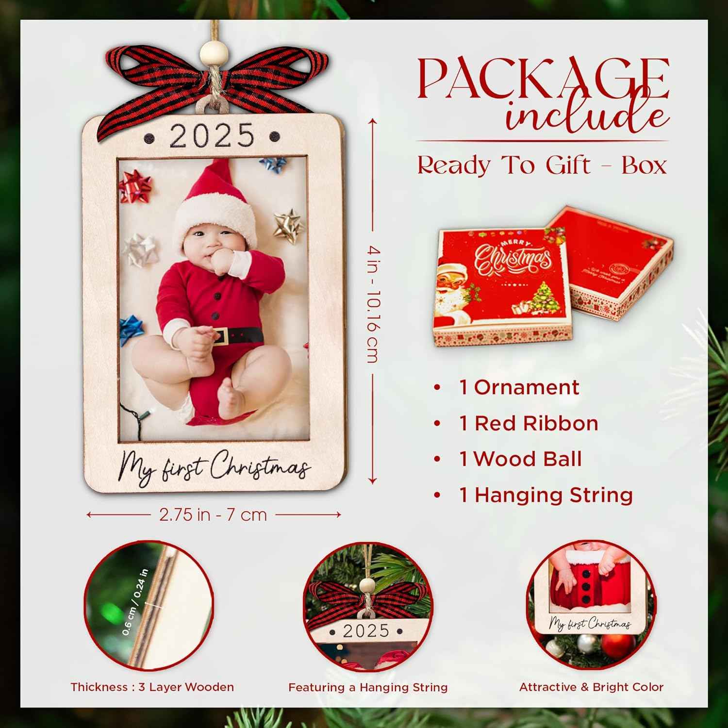 Babys First Christmas Ornament 2025 Girl And Boy - Wooden Portrait Picture Frame Ornaments For Tree - My First Christmas Ornament - Photo Frame Ornaments - Baby's First Christmas Gifts 2025