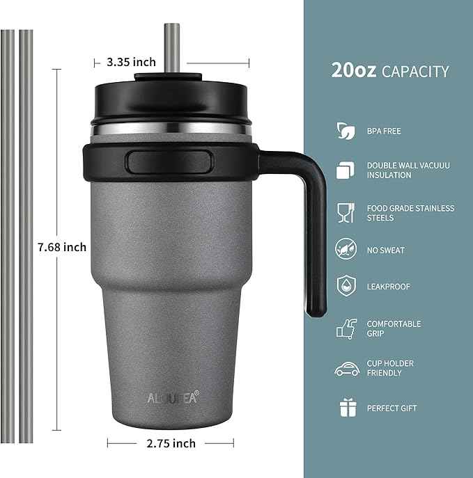 20 oz Insulated Coffee Mug Tumbler with Handle, Stainless Steel Travel Mug Tumbler with Lid and Straw, Double Wall Vacuum Leak Proof Ice Coffee Thermal Cup, Gray